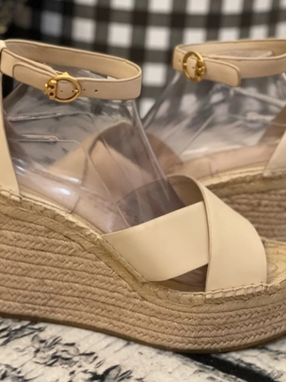 Tory Burch Selby Tan Leather Espadrille Ankle-Strap Wedge Sandals. Size 10